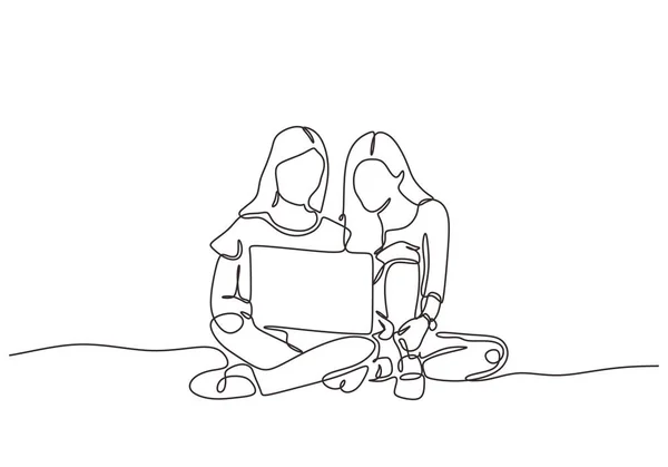 Ciągły Rysunek Dwóch Dziewczyn Laptopem Młode Kobiety Wykonujące Pracę Dyskusję — Wektor stockowy
