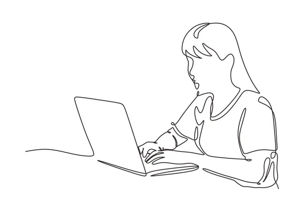 ラップトップを持つ女性の連続的な1行の図面 ベクトル秘書コンセプト手描きシンプルデザイン — ストックベクタ
