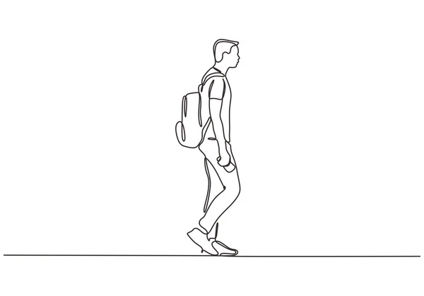 Непрерывный Рисунок Человека Идущего Улице Концепция Студента Колледжа Сумкой — стоковый вектор