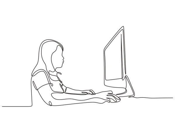 Devamlı Olarak Bilgisayarla Çalışan Bir Kadının Çizimi Monitör Metaforu Olan — Stok Vektör