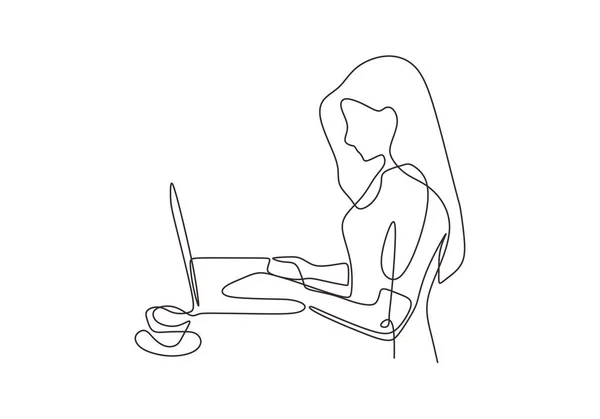 Desenho Contínuo Uma Linha Mulher Com Computador Portátil Café Conceito — Vetor de Stock