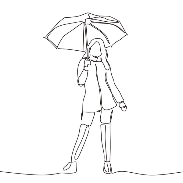 Continu Een Lijn Tekening Van Vrouw Met Paraplu — Stockvector