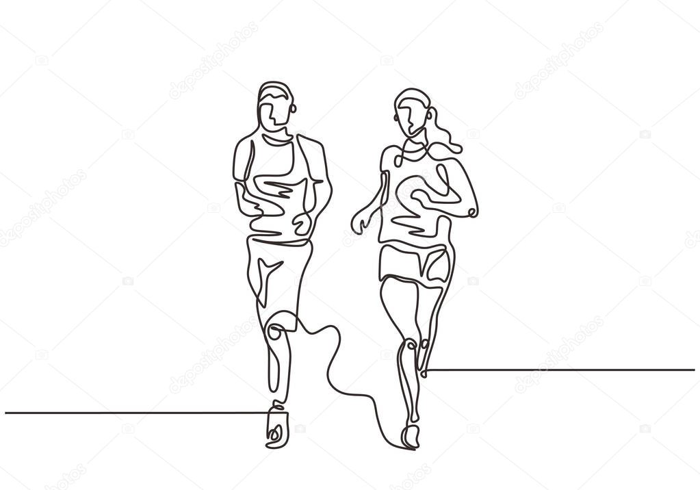 Continuous one line drawing of couple running minimalism. Sport theme vector illustration simplicity style.