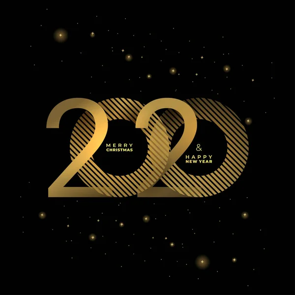 Ano novo 2020 dourado em um fundo escuro Elemento criativo para design de cartões de luxo convites festa. Vetor de ouro cores cartão festivo moderno com estrelas brilhantes cintilantes . — Vetor de Stock