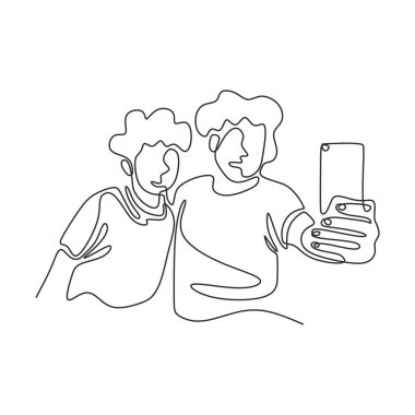 İki komik insanın akıllı telefonla fotoğraf çekerken sürekli bir çizgi çizmesi. Mutlu bir gülümseme vektörü olan iki kadın ve erkeğin selfie 'leri. Basitlik çizgi tasarımı.
