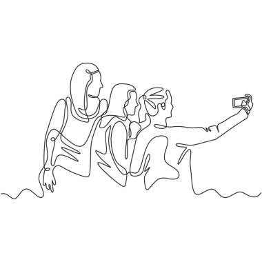 Grup üyelerinin özçekimlerinin sürekli bir çizimi. Kadın ve erkek, anlık vektör minimalizminin basitlik tasarımı için akıllı telefonla fotoğraf çekiyor..