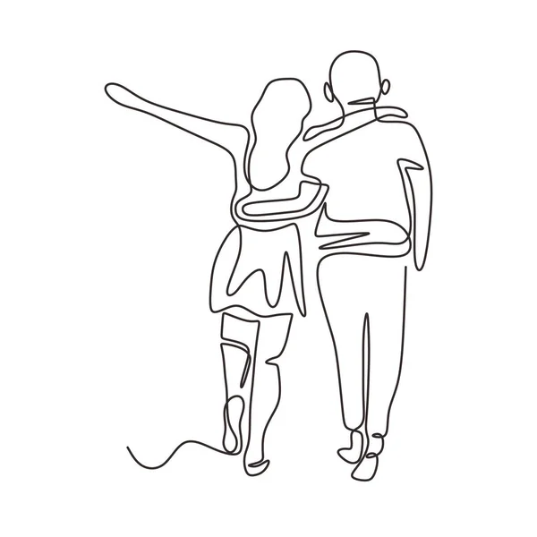 Συνεχής μια γραμμή σχέδιο του ζεύγους περπάτημα. Άντρας και γυναίκα ερωτευμένοι και ευτυχισμένοι. Διανυσματική ρομαντική στιγμή στυλ μινιμαλισμού. — Διανυσματικό Αρχείο
