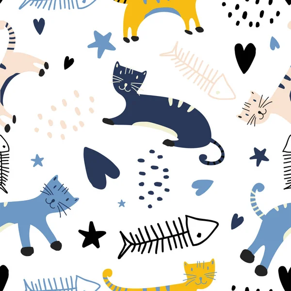 Padrão sem costura com gatinhos coloridos bonitos. Criativa infantil textura de fundo branco. Ótimo para tecido, têxtil Vector Ilustração —  Vetores de Stock