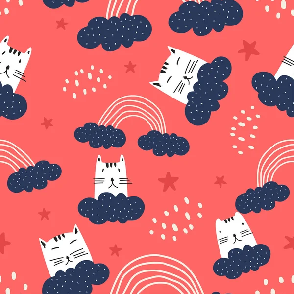 Patrón inconsútil para gatos con gatitos lindos en estilo diferente. Textura infantil creativa. Ideal para tela de bebé y niños, textil Vector Ilustración — Vector de stock