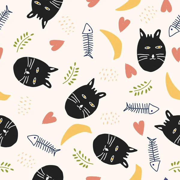 Vicces macskák zökkenőmentes minta hal és cica fej dekoráció. Vector nagy a baba és a gyerekek óvoda divat textil nyomtatás. — Stock Vector