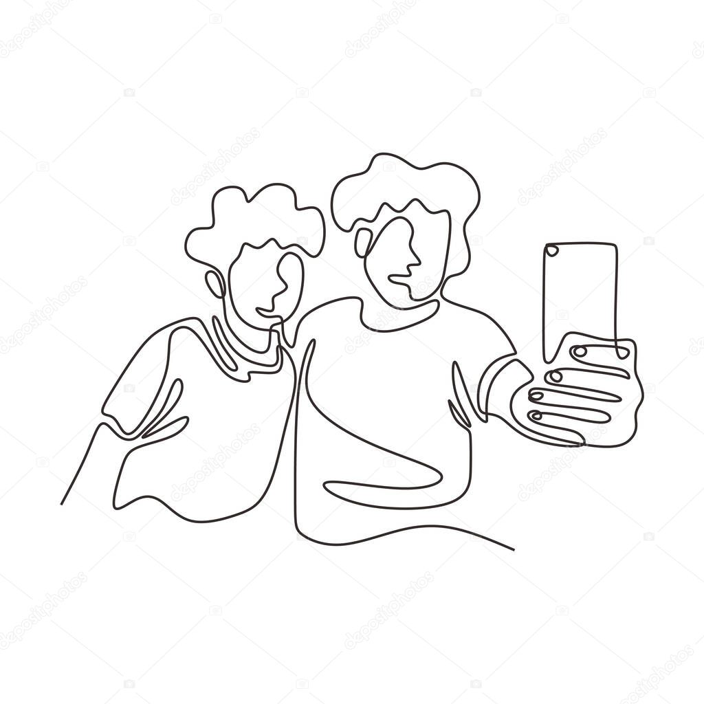Continuous one line drawing of two funny people taking picture with smartphone. Selfie persons of two male and female with happy smile vector. Simplicity lineart design.