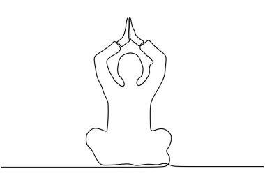 Yoga namaste egzersizi kavramı. İnsanlar meditasyon yapıyor. Sürekli çizgi çizme vektörü. Kişinin sağlık ve sağlık temasının minimalizm silüeti.