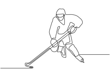 Buz hokeyi oyuncusu minimalizm vektör illüstrasyon basitlik tasarımı çizen sürekli bir çizgi. Kış sporu teması.
