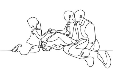 Mutlu aile piknikleri. Sürekli çizimler. Yiyecek, atıştırmalık ve yemekleri olan vektör çift. İnsanlar rahatlar ve ferahlatır Bahçede otururlar.