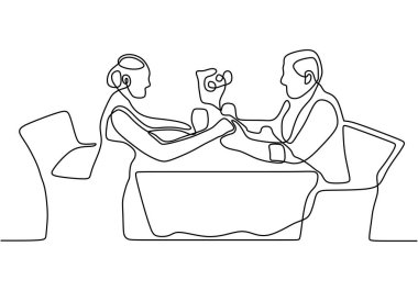 Romantik bir çift sürekli bir çizgi çiziyor. Şarap yiyip içen kadın ve erkeğin tek elle çizilmiş silueti. Beyaz arka planda izole edilmiş cam konsept vektör minimalizmi ile tost.