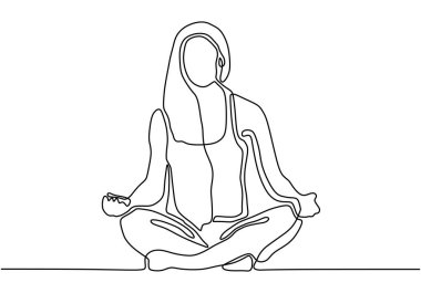 Yoga yapan kadın sürekli bir çizgi vektör illüstrasyon minimalizmi yapıyor. Kız rahatlama basitlik tasarımı.