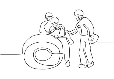 Sanayi işçilerinin kablolu kablolu kablolu kablo deposuyla montaj yaptıkları tek sıra çizimi..