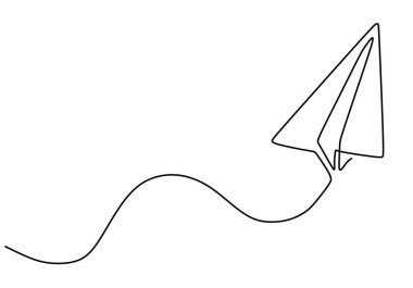 Kağıt düzlem bir çizgi çizme vektörü. Yaratıcılığın ve uçak resmetme özgürlüğünün sürekli tek el çizimi metaforu..