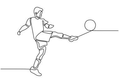 Devamlı bir çizgi çizen bir adam topu fırlatıyor. Futbolcu konsepti el çizimi sadelik tasarım vektörü çizimi.