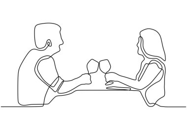 Couple romantic continuous one line drawing. Single hand drawn silhouette of man and woman eating and drinking wine. Toast with the glass concept vector minimalism isolated on white background. vector Couple romantic continuous one line drawing. Single hand drawn silhouette of man and woman eating and drinking wine. Toast with the glass concept vector minimalism isolated on white background. vector