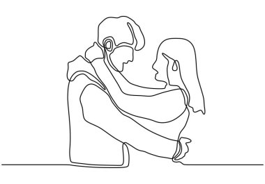 Sürekli çizgi çizme vektörü. Bir elde birbirine aşık genç bir adam ve kadın çizilmiş. Kız ve erkek birbirlerini öpmek istiyorlar. İnsanlar mutluluğu kucaklıyor ve paylaşıyor. Basitlik çizgi tasarımı.