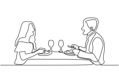 Couple romantic continuous one line drawing. Single hand drawn silhouette of man and woman eating and drinking wine. Toast with the glass concept vector minimalism isolated on white background. vector Couple romantic continuous one line drawing. Single hand drawn silhouette of man and woman eating and drinking wine. Toast with the glass concept vector minimalism isolated on white background. vector