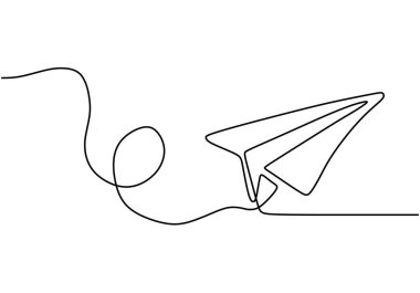 Kağıt düzlem bir çizgi çizme vektörü. Yaratıcılığın ve uçak resmetme özgürlüğünün sürekli tek el çizimi metaforu..