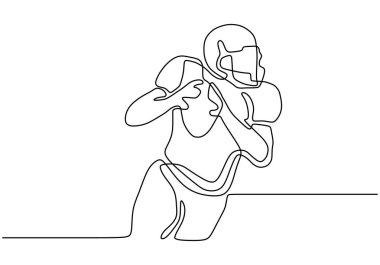 Amerikan futbolcusunun top tutarken ve yarışmayı kazanmak için koşarken sürekli çizdiği bir çizgi. Vektör spor teması çizimi.