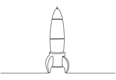 Roket Bir, minimalizm teknolojisi teması çiziyor. Vektör sürekli el çizimi çizim çizimi keşif ve yaratıcılık sembolü.