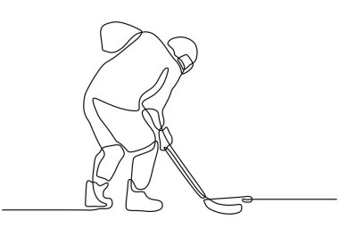 Buz hokeyi oyuncusu. Bir çizgi, sopayla kış oyunu oynayan minimalizm insanı çiziyor..