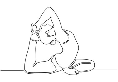 Yoga bir çizgi aerobik kız egzersiz yapıyor. Kadın uygunluğunun minimalizmini gösteren kesintisiz el çizimi..