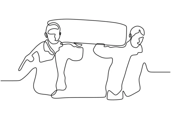 Egy vonalrajz két emberről felemel egy dobozt. Folyamatos, kézzel rajzolt egy sor munkás, akik az építőiparban dolgoznak. Ipari téma vektor illusztráció minimalizmus. — Stock Vector