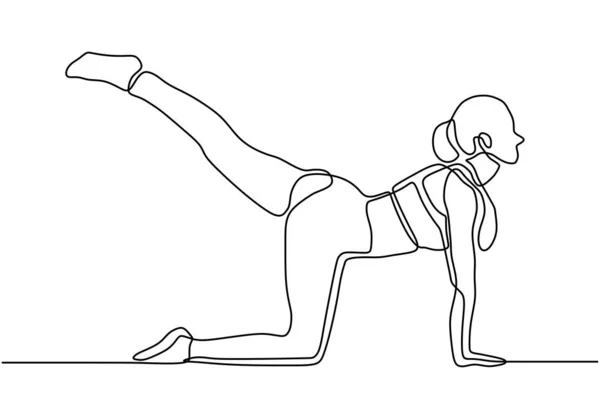 Nő csinál aerob gyakorlat egy folyamatos vonal rajz minimalizmus vektor illusztráció. Egyszerűség design lány pózol az egészséges és wellness test fitness. — Stock Vector