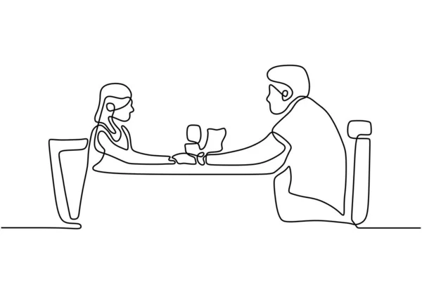 Vektorová romantická večeře kontinuálního singlu nakreslené jednu čáru v zamilovaném páru v kavárně nebo restauraci. Kreslit minimalismus ručně kreslený obrázek silueta. — Stockový vektor