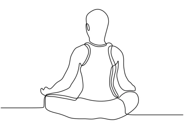 Uomo che fa esercizio di yoga continuo una linea che disegna vettore minimalismo. Illustrazione della persona sulla meditazione . — Vettoriale Stock
