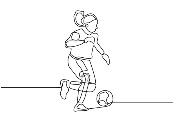 Dibujo continuo de una línea de niña jugando al fútbol. Jugadora regateando un concepto de minimalismo de pelota . — Archivo Imágenes Vectoriales
