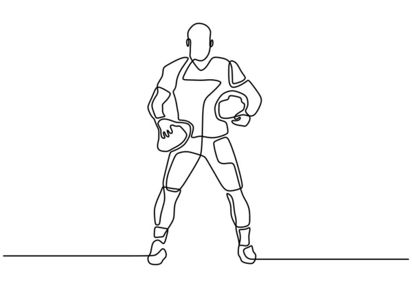 Desenho contínuo de uma linha de futebol americano ou jogador de futebol esportivo. Retrato de um homem com traje segurando uma bola ilustração vetorial . — Vetor de Stock