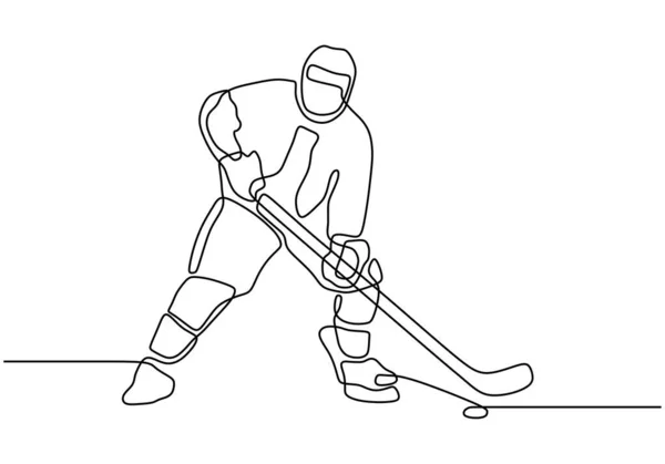 Ice hockey player. One continuous line drawing minimalism person with stick playing winter game sport. — Stock Vector