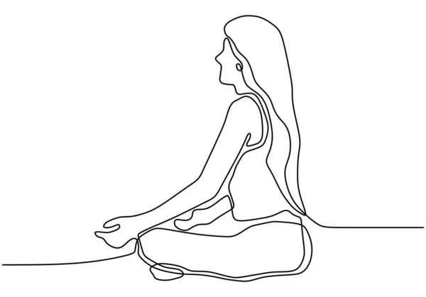 Yoga woman on meditation continuous one line drawing minimalism. Vector illustration of cute girl doing fitness wellness theme for healthy body, positive mind and soul. — Stock Vector