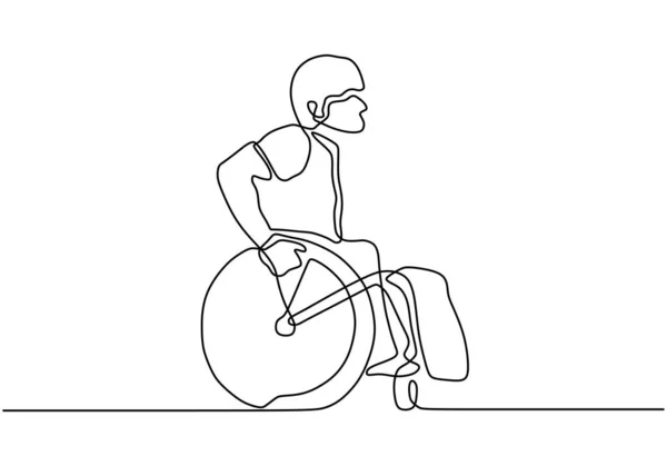 Tekerlekli sandalyedeki hasta sürekli bir çizgi çiziyor. Özürlü kişi minimalizm tasarımı taşıyıcısı. — Stok Vektör