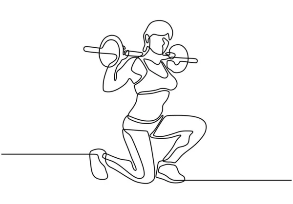 Dibujo continuo de una línea de entrenamiento de niña con barras de elevación durante una sesión de levantamiento de pesas en el gimnasio. Mujer bonita haciendo squat deporte tema . — Archivo Imágenes Vectoriales