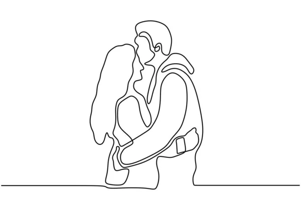 Un dessin de ligne de couple serrant minimalisme vectoriel. Une seule main dessinée continue de l'homme et de la femme dans le moment romantique . — Image vectorielle