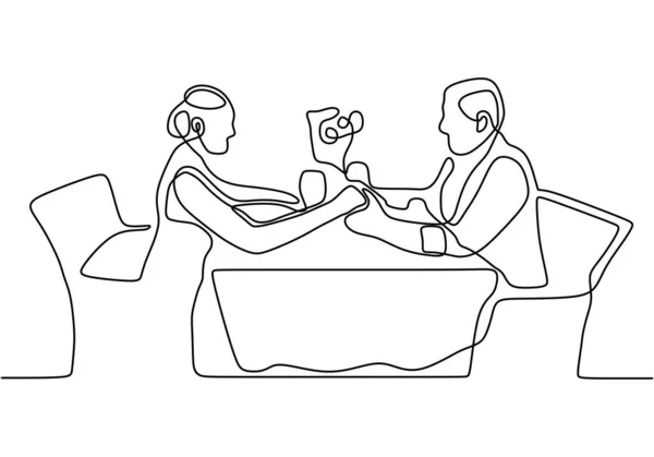 Een paar romantische continue één lijn tekeningen. Eén hand getekend silhouet van een man en een vrouw die wijn eten en drinken. Toast met het glazen concept vector minimalisme geïsoleerd op witte achtergrond. — Stockvector