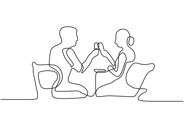 Romantisches Abendessen durchgehende Linienziehung. Paar Silhouette eine handgezeichnete Skizze. Vektor Minimalismus Design. — Stockvektor