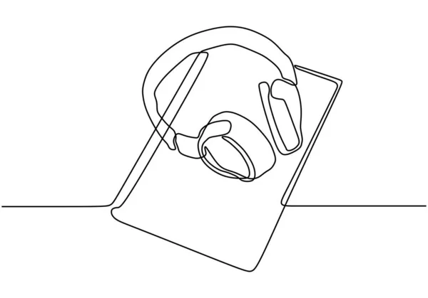 Livre et casque une ligne dessin minimalisme vectoriel . — Image vectorielle