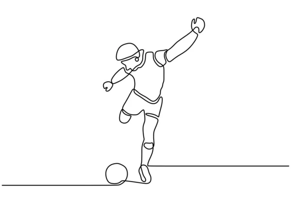 サッカー選手やサッカー選手の連続的な1行の描画は、ゲームやトーナメント中に目標を作るためにボールを撮影しています。ベクターイラストスポーツテーマ. — ストックベクタ