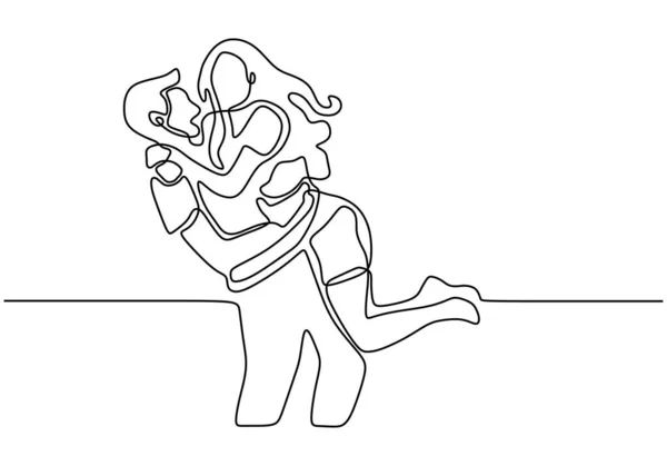 Una línea de dibujo de abrazar el minimalismo vectorial pareja. Mano sola dibujada continua de hombre y mujer en momento romántico . — Vector de stock