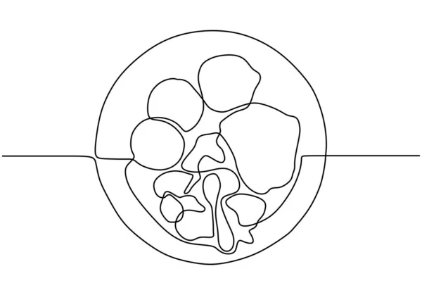 한 줄로 늘어서 있는 접시 위의 음식. 벡터 식사 미니멀리즘 삽화 손 그림 스케치 Doodle lineart 디자인. — 스톡 벡터