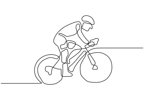 连续单行画的人骑自行车参加体育比赛. 一个骑自行车的人在比赛中跑得很快. — 图库矢量图片