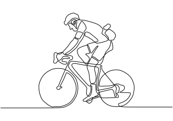 Ciclista continuo de una línea en casco montado en bicicleta. Diseño minimalista dibujo de deportista haciendo competición deportiva . — Vector de stock